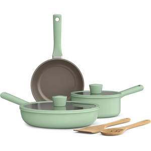 image:imagebella 7 Piece Cookware Set with EverGood Ceramic Nonstick Coating Dishwasher Safe Oven Safe All Stovetops Compatible Glass Lids with Silicone Rims Cool Touch Handles BlackSeaglass