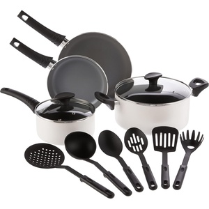 image:imagebella Cookware Set with Glass Lids with Nonstick PFOA Free and Scratch Resistant Surface Aluminum Bakeware Pots and Pans Storage Bowls amp Utensils Compatible with All Stovetops 21 Piece GrayCream