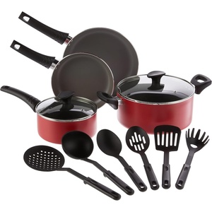 image:imagebella Cookware Set with Glass Lids with Nonstick PFOA Free and Scratch Resistant Surface Aluminum Bakeware Pots and Pans Storage Bowls amp Utensils Compatible with All Stovetops 21 Piece GrayRed